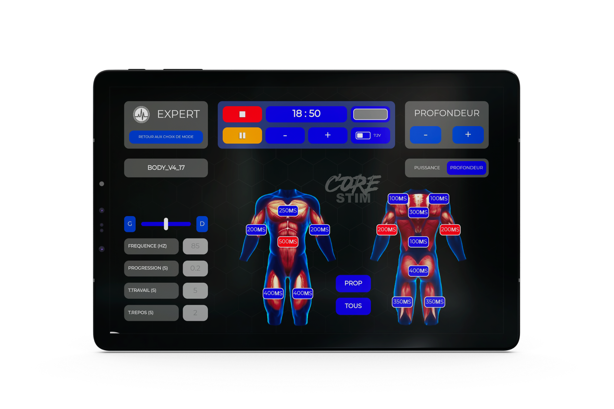 Interface CORE STIM de réglage des intensités sur tablette